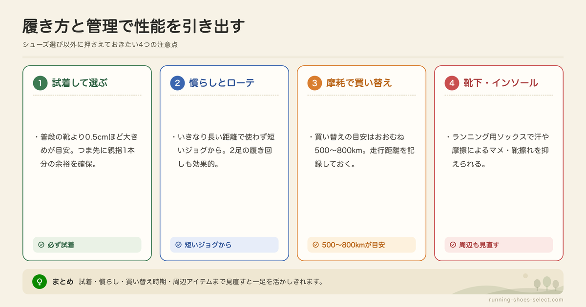 10km完走用ランニングシューズを履くときの注意点の図解: 試着して選ぶ、慣らしとローテ、摩耗で買い替え、靴下・インソール