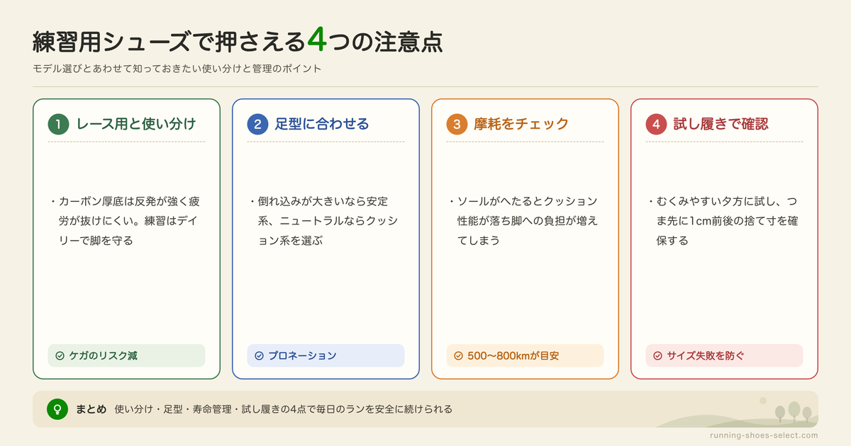 練習用ランニングシューズを選ぶときの注意点の図解: レース用と使い分け、足型に合わせる、摩耗をチェック、試し履きで確認