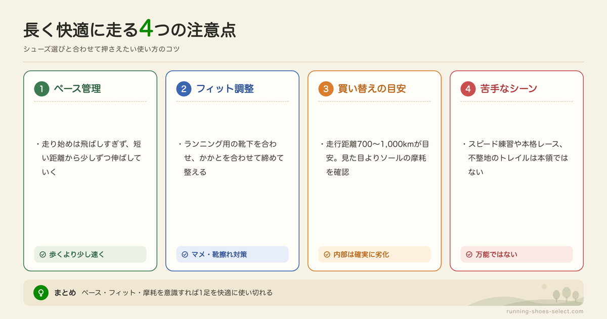 ジョギング用シューズを履くときの注意点の図解: ペース管理、フィット調整、買い替えの目安、苦手なシーン