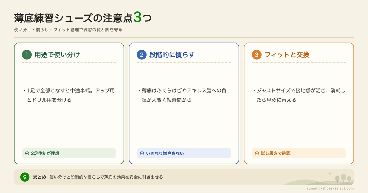 短距離・陸上の練習用ランニングシューズを使うときの注意点の図解: 用途で使い分け、段階的に慣らす、フィットと交換
