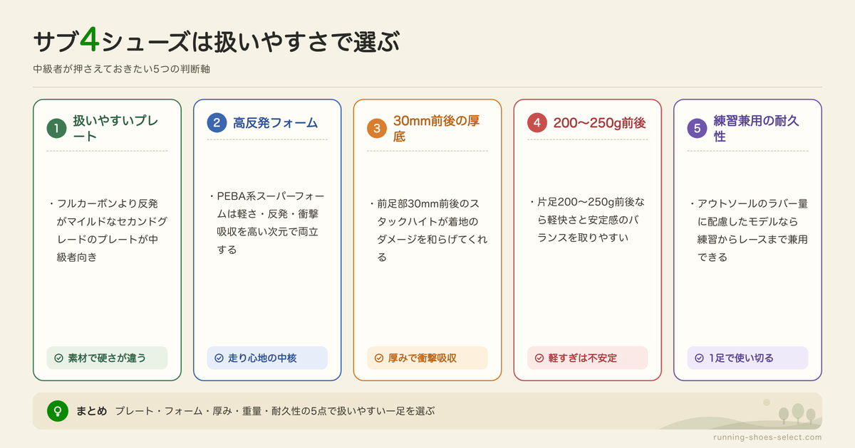 サブ4におすすめのランニングシューズの特徴の図解: 扱いやすいプレート、高反発フォーム、30mm前後の厚底、200〜250g前後、練習兼用の耐久性