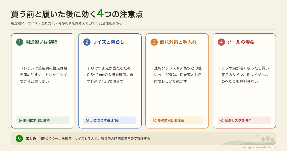 トレイルラン・トレッキングシューズを使うときの注意点の図解: 用途違いは禁物、サイズと慣らし、蒸れ対策と手入れ、ソールの寿命